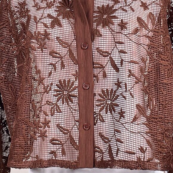 JASON WU Lace Sheer Floral Button Down Top NWT Size Large Brown - Picture 6 of 15